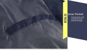 Detail of inner pocket with grid lining and navy blue binding on waterproof jacket