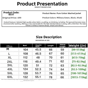 Detailed size chart for men cotton military jacket showing chest and shoulder dimensions