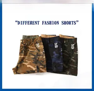 Detail view of multi-pocket cargo shorts in woodland, navy, and dark green camouflage styles