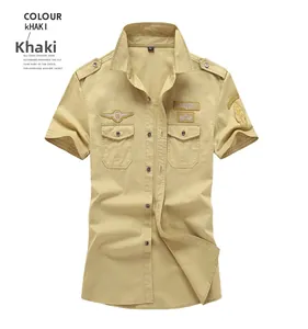 Detailed khaki military style short sleeve shirt with epaulettes and chest embroidery