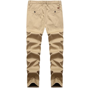 Men's khaki fleece-lined casual pants with straight leg cut and leather logo detail