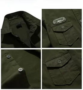 Detail view of military green cotton shirt featuring embroidered patches and logo buttons