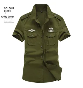 Detail of army green military short sleeve shirt with airborne embroidery and epaulets