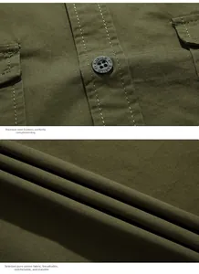 Detailed close-up of army green cotton twill fabric with resin button and double stitching