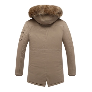 Parka d'hiver homme kaki mi-longue avec grand col en fourrure et ourlet en queue de poisson