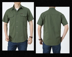 Front and back views of military green cotton short sleeve cargo shirt with chest pockets
