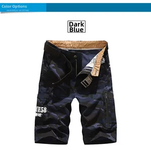 Flat lay detail of dark blue camo cargo shorts featuring multi-pockets and fabric belt