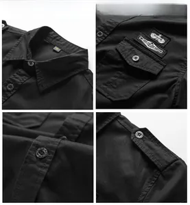 Macro detail of black cargo shirt featuring tactical epaulets and reinforced stitching