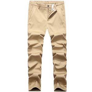 Men's khaki fleece-lined casual trousers in a straight leg fit with textured cotton fabric