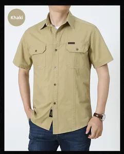 Detail of khaki cotton work shirt featuring double chest pockets and marble buttons