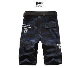 Rear view of men's blue camo cargo shorts showing pocket prints and woven belt detail