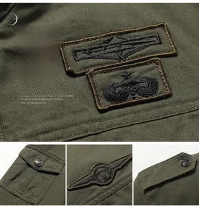 Detail of military style jacket with embroidery patches and durable canvas stitching