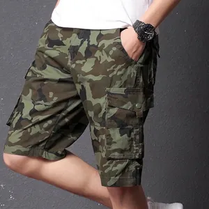 Men's pure cotton camo cargo shorts with side pockets in green and brown camouflage