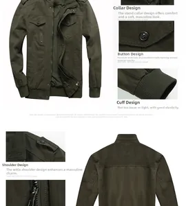 Detail view of olive green military style jacket showing stand collar and cargo pockets