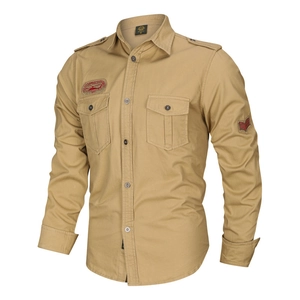Men Long Sleeve Cargo Shirt Cotton Military Tactical Style Shoulder Straps Dual Pockets Patched Casual Work Shirt Tops For Men