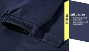 Detail of adjustable velcro cuffs on navy blue waterproof outdoor jacket sleeve