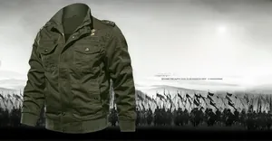 Detailed view of an olive green military jacket featuring shoulder epaulets and functional pockets