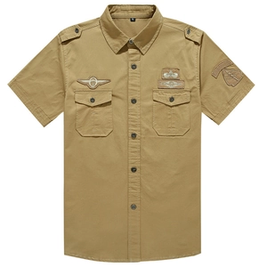Men's khaki short sleeve cotton shirt with military style patches and double chest pockets