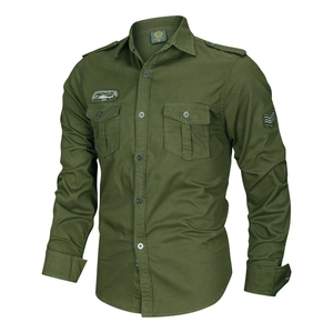 Army green military style long sleeve cotton shirt for men with shoulder straps and patches