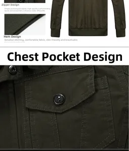 Detail of military green cargo jacket showing metal zipper and ribbed windproof cuffs