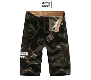 Detail view of army green camo cargo shorts with a canvas belt and UE58 logo print