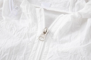 Men's lightweight white sun protection jacket with breathable hood and reflective details