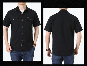 Front and back view of a black short-sleeve cotton cargo shirt with dual chest pockets
