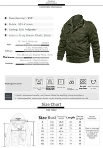 Detailed size chart for the winter washed cotton military jacket from sizes M to 6XL