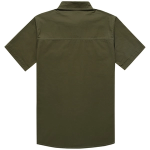 Men's slim fit short sleeve cotton shirt in olive green color, back view flat lay