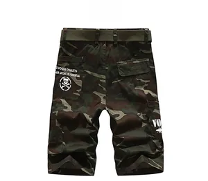 Back view of men's camouflage cargo shorts featuring multi-pockets and a logo print