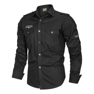 Men's black tactical cotton long sleeve shirt with military shoulder straps and chest patches