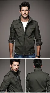 Detail view of military style thick cotton jacket with stand collar and cargo pockets