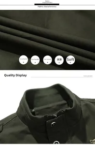 Detail of army green cotton jacket showing ribbed collar, metal buttons and breathable fabric