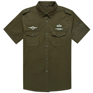 Military style olive green cotton shirt with embroidered patches and shoulder epaulets