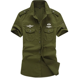 Army green military short sleeve shirt with pilot badges and epaulets for men