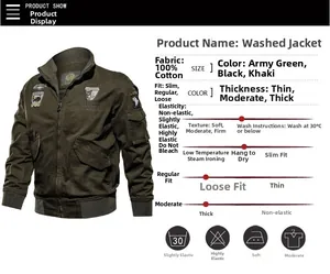 Detail view of 100% cotton washed military jacket with embroidered badges and side pockets