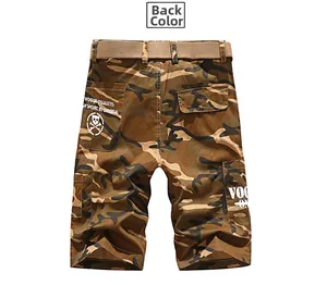 Macro detail of men's woodland camouflage cargo shorts featuring back pocket prints and canvas belt