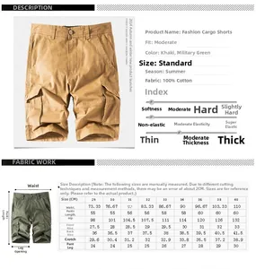 Detailed size chart for men's cargo shorts with measurements in centimeters from size 29 to 40