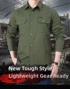 Detailed close-up of army green tactical long-sleeve shirt with outdoor utility pockets