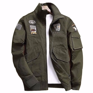 Olive green military flight bomber jacket for men featuring classic embroidered patches