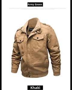Detail view of khaki military flight jacket showing rib-knit collar and chest pockets