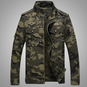 Men's 100% Cotton Camouflage Cargo Jacket Military Style Multi-Pocket Stand Collar Long Sleeve Outdoor Windbreaker Top