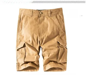 Detail view of khaki cotton cargo shorts featuring durable side pockets and stitching