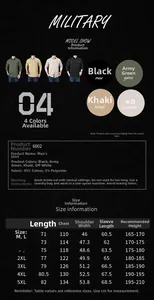 Size chart for men's long sleeve cargo shirt showing M to 5XL dimensions and fabric details