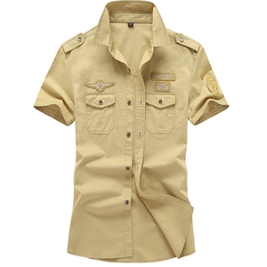 Men's khaki short sleeve military shirt with embroidered patches and dual chest pockets