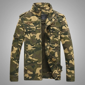 Men's camouflage military jacket with stand collar and airborne tactical patches