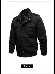 Detail of black military style jacket showing epaulets and symmetrical chest cargo pockets