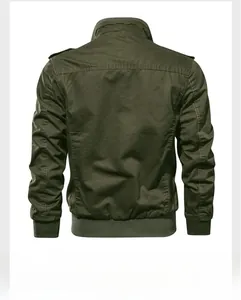 Back view of army green military bomber jacket with ribbed cuffs and shoulder epaulettes