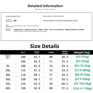 Detailed size chart for men's cotton short sleeve shirt showing M to 6XL measurements