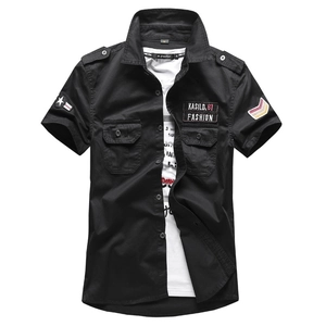 Slim fit black short sleeve cargo shirt with shoulder straps and tactical pockets